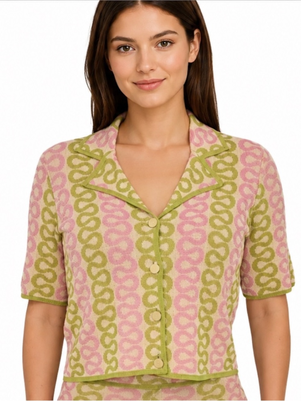 House of Harlow 1960 Retro Mod Knit Top Pink Green Button Front Small NWOT!